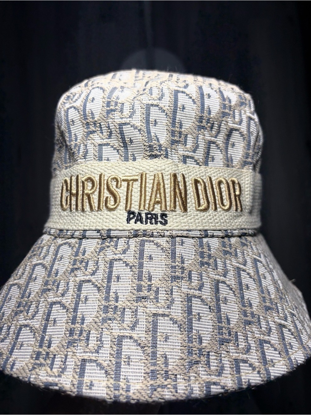 Dior Cream and Blue Monogram Embroidered Bucket Hat